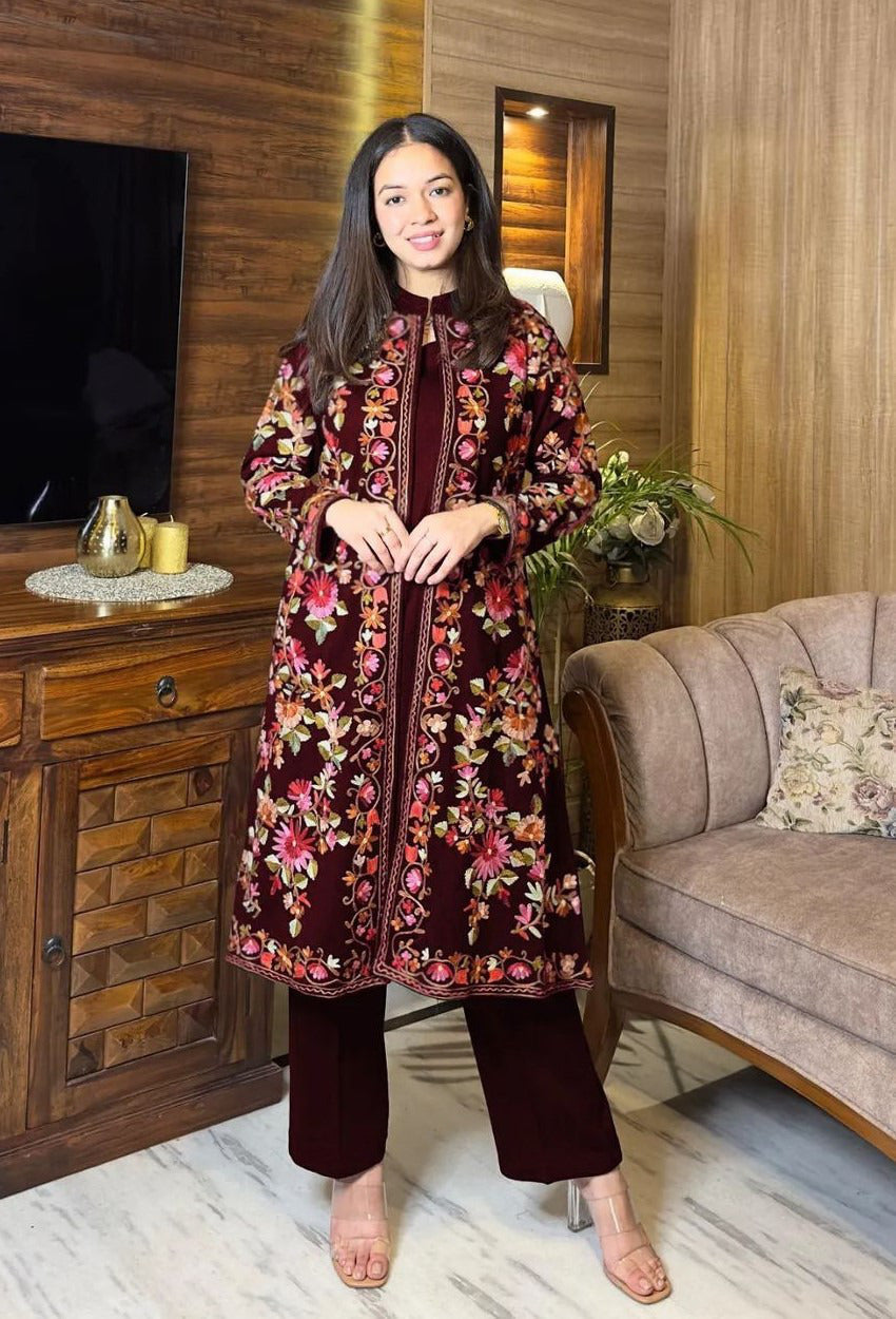 Heirloom Bloom Embroidered Silk Coat 3Piece Set