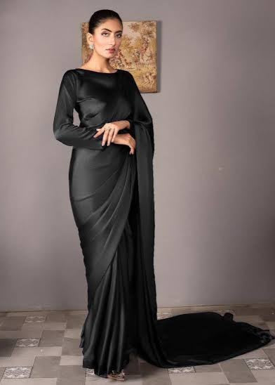 Classic Black Shamoz Silk Saree – Ready to Wear Elegance - Shiwani Apparels