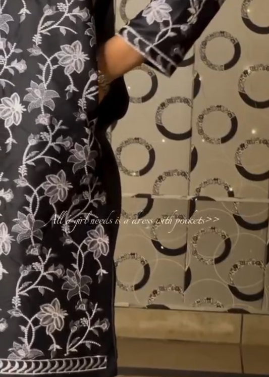 White Grey Thread Embroidered Gown Set